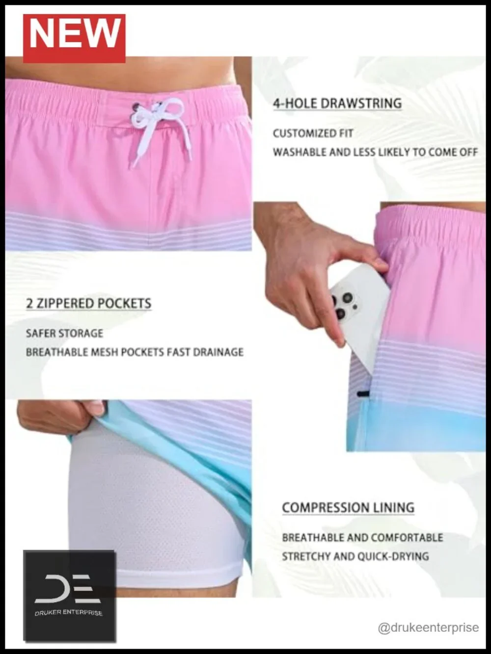 Men's Quick Dry Swim Trunks with Compression Liner Zipper Pockets